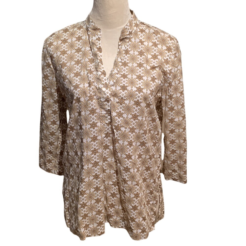 WHITE STAG. Beige/Gold Tunic w/ Floral prints. Clear sequins on hem. 4/6.S.